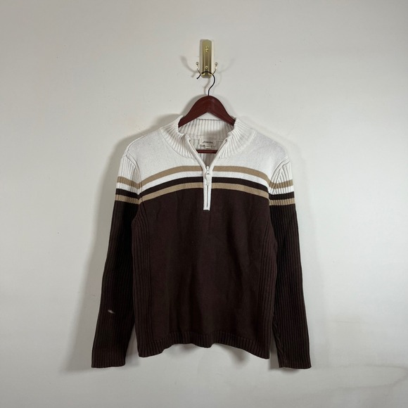 St John’S Bay Sweaters - Vintage Y2K St John's Bay Chocolate Brown Ribbed Quarter Zip Sweater Striped